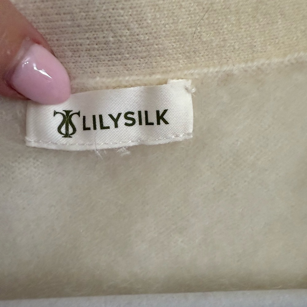 LilySilk 100% Cashmere Cardigan Sweater Pearl Button V Neck Medium White - Picture 3 of 4